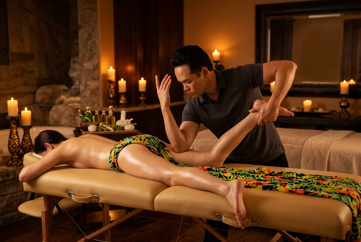 Jordan performing a flowing lomi lomi forearm stroke on a draped client in a candlelit spa room
