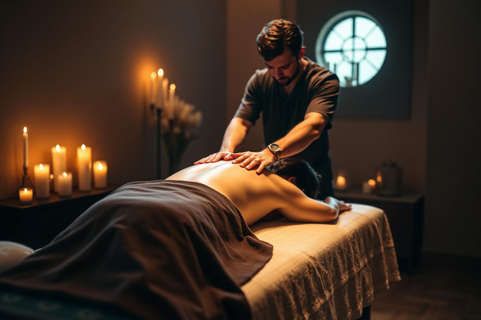 Jordan performing long, flowing Swedish massage strokes on a client's back in a candlelit room